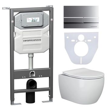 Комплект инсталляции 4 в 1 Ceramicanova Подвесной унитаз PLAY Rimless арт. CN3001 + Шумоизоляционная панель для инсталляции арт. CN1000 + Система инсталляции для унитазов CERAMICANOVA Envision с кнопкой смыва Flat цвет хром матовый, креплениями, арт. CN10