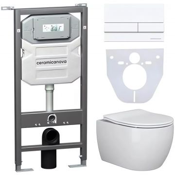 Комплект инсталляции 4 в 1 Ceramicanova Подвесной унитаз PLAY Rimless арт. CN3001 + Шумоизоляционная панель для инсталляции арт. CN1000 + Система инсталляции для унитазов CERAMICANOVA Envision с кнопкой смыва Flat цвет белый, креплениями, арт. CN1002W