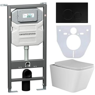 Комплект инсталляции 4 в 1 Ceramicanova (Керамиканова) Подвесной унитаз Metric Rimless арт. CN3007 + Шумоизоляционная панель для инсталляции арт. CN1000 + Система инсталляции для унитазов CERAMICANOVA Envision с кнопкой смыва Round цвет черный матовый и к