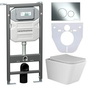 Комплект инсталляции 4 в 1 Ceramicanova (Керамиканова) Подвесной унитаз Metric Rimless арт. CN3007 + Шумоизоляционная панель для инсталляции арт. CN1000 + Система инсталляции для унитазов CERAMICANOVA Envision с кнопкой смыва Round цвет хром и креплениями