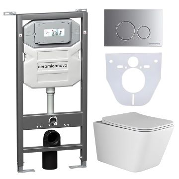 Комплект инсталляции 4 в 1 Ceramicanova (Керамиканова) Подвесной унитаз Metric Rimless арт. CN3007 + Шумоизоляционная панель для инсталляции арт. CN1000 + Система инсталляции для унитазов CERAMICANOVA Envision с кнопкой смыва Round цвет хром матовый и кре