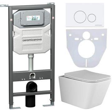 Комплект инсталляции 4 в 1 Ceramicanova (Керамиканова) Подвесной унитаз Metric Rimless арт. CN3007 + Шумоизоляционная панель для инсталляции арт. CN1000 + Система инсталляции для унитазов CERAMICANOVA Envision с кнопкой смыва Round цвет белый и креплениям