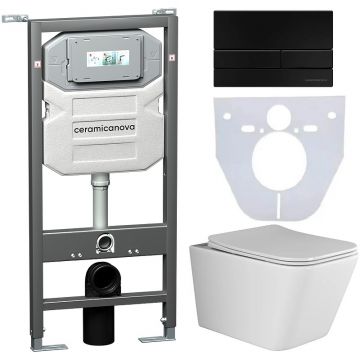 Комплект инсталляции 4 в 1 Ceramicanova (Керамиканова) Подвесной унитаз Metric Rimless арт. CN3007 + Шумоизоляционная панель для инсталляции арт. CN1000 + Система инсталляции для унитазов CERAMICANOVA Envision с кнопкой смыва Flat цвет хром, креплениями,