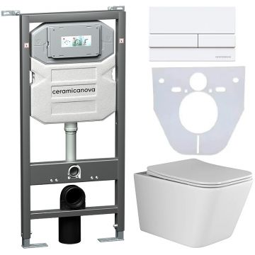 Комплект инсталляции 4 в 1 Ceramicanova (Керамиканова) Подвесной унитаз Metric Rimless арт. CN3007 + Шумоизоляционная панель для инсталляции арт. CN1000 + Система инсталляции для унитазов CERAMICANOVA Envision с кнопкой смыва Flat цвет белый, креплениями,