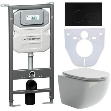 Комплект инсталляции 4 в 1 Ceramicanova Подвесной унитаз Forma Rimless арт. CN3009 + Шумоизоляционная панель для инсталляции арт. CN1000 + Система инсталляции для унитазов CERAMICANOVA Envision с кнопкой смыва Round цвет черный матовый и креплениями, арт.