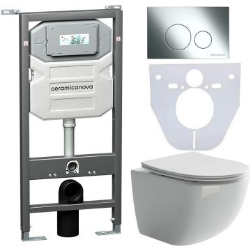Комплект инсталляции 4 в 1 Ceramicanova (Керамиканова) Подвесной унитаз Forma Rimless арт. CN3009 + Шумоизоляционная панель для инсталляции арт. CN1000 + Система инсталляции для унитазов CERAMICANOVA Envision с кнопкой смыва Round цвет хром и креплениями,