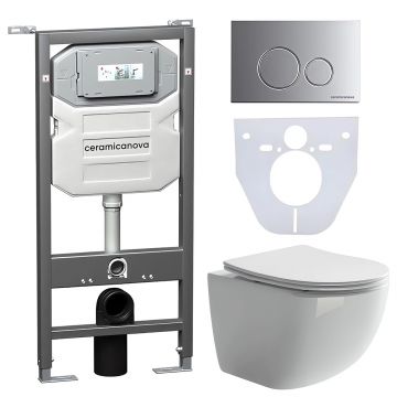 Комплект инсталляции 4 в 1 Ceramicanova (Керамиканова) Подвесной унитаз Forma Rimless арт. CN3009 + Шумоизоляционная панель для инсталляции арт. CN1000 + Система инсталляции для унитазов CERAMICANOVA Envision с кнопкой смыва Round цвет хром матовый и креп