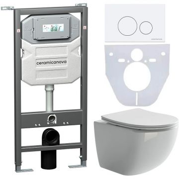 Комплект инсталляции 4 в 1 Ceramicanova Подвесной унитаз Forma Rimless арт. CN3009 + Шумоизоляционная панель для инсталляции арт. CN1000 + Система инсталляции для унитазов CERAMICANOVA Envision с кнопкой смыва Round цвет белый и креплениями арт. CN1001W