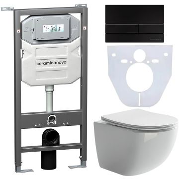 Комплект инсталляции 4 в 1 Ceramicanova (Керамиканова) Подвесной унитаз Forma Rimless арт. CN3009 + Шумоизоляционная панель для инсталляции арт. CN1000 + Система инсталляции для унитазов CERAMICANOVA Envision с кнопкой смыва Flat цвет черный матовый, креп