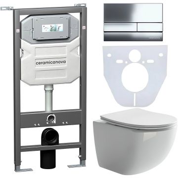 Комплект инсталляции 4 в 1 Ceramicanova (Керамиканова) Подвесной унитаз Forma Rimless арт. CN3009 + Шумоизоляционная панель для инсталляции арт. CN1000 + Система инсталляции для унитазов CERAMICANOVA Envision с кнопкой смыва Flat цвет хром, креплениями, а