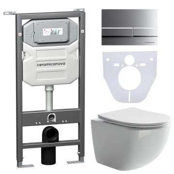 Комплект инсталляции 4 в 1 Ceramicanova (Керамиканова) Подвесной унитаз Forma Rimless арт. CN3009 + Шумоизоляционная панель для инсталляции арт. CN1000 + Система инсталляции для унитазов CERAMICANOVA Envision с кнопкой смыва Flat цвет хром матовый, крепле