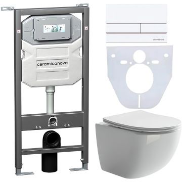 Комплект инсталляции 4 в 1 Ceramicanova Подвесной унитаз Forma Rimless арт. CN3009 + Шумоизоляционная панель для инсталляции арт. CN1000 + Система инсталляции для унитазов CERAMICANOVA Envision с кнопкой смыва Flat цвет белый, креплениями, арт. CN1002W