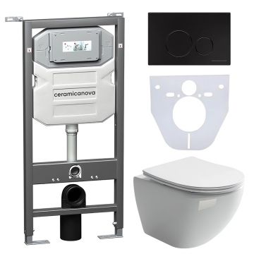 Комплект инсталляции 4 в 1 Ceramicanova Подвесной унитаз Metropol Rimless арт. CN4002 + Шумоизоляционная панель для инсталляции арт. CN1000 + Система инсталляции для унитазов CERAMICANOVA Envision с кнопкой смыва Round цвет черный матовый и креплениями, а
