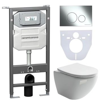 Комплект инсталляции 4 в 1 Ceramicanova (Керамиканова) Подвесной унитаз Metropol Rimless арт. CN4002 + Шумоизоляционная панель для инсталляции арт. CN1000 + Система инсталляции для унитазов CERAMICANOVA Envision с кнопкой смыва Round цвет хром и крепления