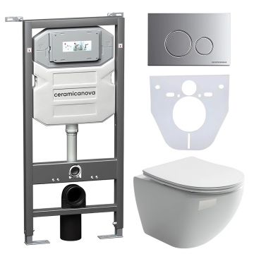 Комплект инсталляции 4 в 1 Ceramicanova (Керамиканова) Подвесной унитаз Metropol Rimless арт. CN4002 + Шумоизоляционная панель для инсталляции арт. CN1000 + Система инсталляции для унитазов CERAMICANOVA Envision с кнопкой смыва Round цвет хром матовый и к