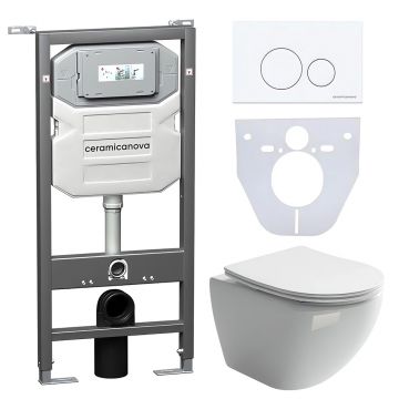 Комплект инсталляции 4 в 1 Ceramicanova Подвесной унитаз Metropol Rimless арт. CN4002 + Шумоизоляционная панель для инсталляции арт. CN1000 + Система инсталляции для унитазов CERAMICANOVA Envision с кнопкой смыва Round цвет белый и креплениями арт. CN1001