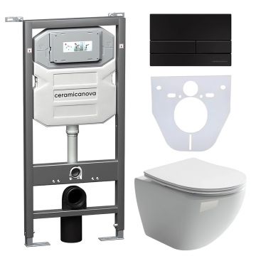 Комплект инсталляции 4 в 1 Ceramicanova (Керамиканова) Подвесной унитаз Metropol Rimless арт. CN4002 + Шумоизоляционная панель для инсталляции арт. CN1000 + Система инсталляции для унитазов CERAMICANOVA Envision с кнопкой смыва Flat цвет черный матовый, к