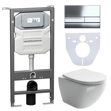 Комплект инсталляции 4 в 1 Ceramicanova (Керамиканова) Подвесной унитаз Metropol Rimless арт. CN4002 + Шумоизоляционная панель для инсталляции арт. CN1000 + Система инсталляции для унитазов CERAMICANOVA Envision с кнопкой смыва Flat цвет хром, креплениями