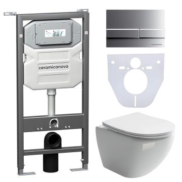 Комплект инсталляции 4 в 1 Ceramicanova Подвесной унитаз Metropol Rimless арт. CN4002 + Шумоизоляционная панель для инсталляции арт. CN1000 + Система инсталляции для унитазов CERAMICANOVA Envision с кнопкой смыва Flat цвет хром матовый, креплениями, арт. 