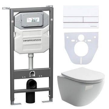 Комплект инсталляции 4 в 1 Ceramicanova (Керамиканова) Подвесной унитаз Metropol Rimless арт. CN4002 + Шумоизоляционная панель для инсталляции арт. CN1000 + Система инсталляции для унитазов CERAMICANOVA Envision с кнопкой смыва Flat цвет белый, креплениям