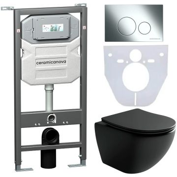Комплект инсталляции 4 в 1 Ceramicanova (Керамиканова) Подвесной унитаз Metropol Rimless арт. CN4002MB + Шумоизоляционная панель для инсталляции арт. CN1000 + Система инсталляции для унитазов CERAMICANOVA Envision с кнопкой смыва Round цвет хром и креплен