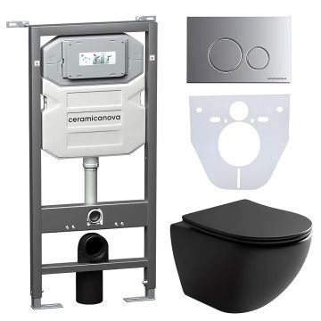Комплект инсталляции 4 в 1 Ceramicanova (Керамиканова) Подвесной унитаз Metropol Rimless арт. CN4002MB + Шумоизоляционная панель для инсталляции арт. CN1000 + Система инсталляции для унитазов CERAMICANOVA Envision с кнопкой смыва Round цвет хром матовый и