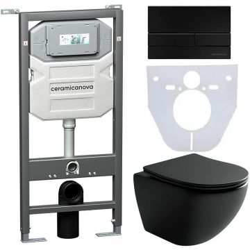 Комплект инсталляции 4 в 1 Ceramicanova (Керамиканова) Подвесной унитаз Metropol Rimless арт. CN4002MB + Шумоизоляционная панель для инсталляции арт. CN1000 + Система инсталляции для унитазов CERAMICANOVA Envision с кнопкой смыва Flat цвет черный матовый,