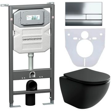 Комплект инсталляции 4 в 1 Ceramicanova (Керамиканова) Подвесной унитаз Metropol Rimless арт. CN4002MB + Шумоизоляционная панель для инсталляции арт. CN1000 + Система инсталляции для унитазов CERAMICANOVA Envision с кнопкой смыва Flat цвет хром, крепления