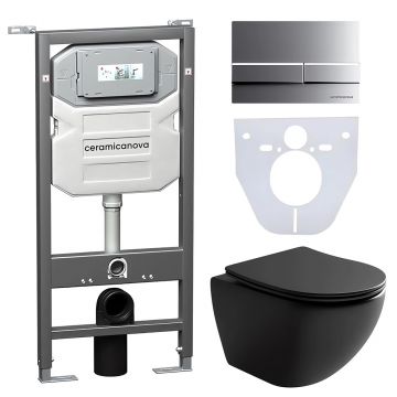 Комплект инсталляции 4 в 1 Ceramicanova (Керамиканова) Подвесной унитаз Metropol Rimless арт. CN4002MB + Шумоизоляционная панель для инсталляции арт. CN1000 + Система инсталляции для унитазов CERAMICANOVA Envision с кнопкой смыва Flat цвет хром матовый, к