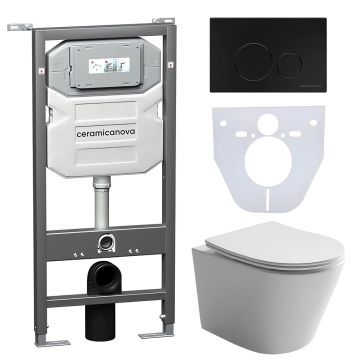 Комплект инсталляции 4 в 1 Ceramicanova (Керамиканова) Подвесной унитаз Balearica Rimless арт. CN6000 + Шумоизоляционная панель для инсталляции арт. CN1000 + Система инсталляции для унитазов CERAMICANOVA Envision с кнопкой смыва Round цвет черный матовый