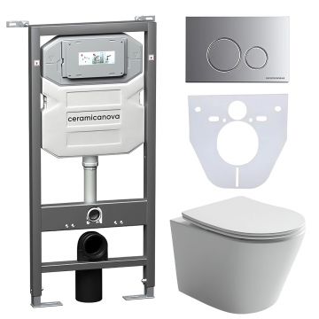Комплект инсталляции 4 в 1 Ceramicanova (Керамиканова) Подвесной унитаз Balearica Rimless арт. CN6000 + Шумоизоляционная панель для инсталляции арт. CN1000 + Система инсталляции для унитазов CERAMICANOVA Envision с кнопкой смыва Round цвет хром матовый и