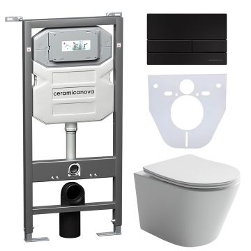 Комплект инсталляции 4 в 1 Ceramicanova (Керамиканова) Подвесной унитаз Balearica Rimless арт. CN6000 + Шумоизоляционная панель для инсталляции арт. CN1000 + Система инсталляции для унитазов CERAMICANOVA Envision с кнопкой смыва Flat цвет черный матовый,