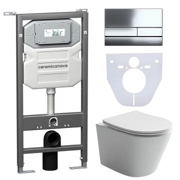 Комплект инсталляции 4 в 1 Ceramicanova (Керамиканова) Подвесной унитаз Balearica Rimless арт. CN6000 + Шумоизоляционная панель для инсталляции арт. CN1000 + Система инсталляции для унитазов CERAMICANOVA Envision с кнопкой смыва Flat цвет хром, креплениям