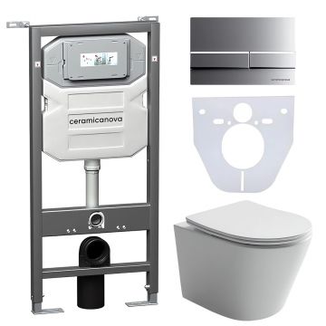 Комплект инсталляции 4 в 1 Ceramicanova (Керамиканова) Подвесной унитаз Balearica Rimless арт. CN6000 + Шумоизоляционная панель для инсталляции арт. CN1000 + Система инсталляции для унитазов CERAMICANOVA Envision с кнопкой смыва Flat цвет хром матовый, кр