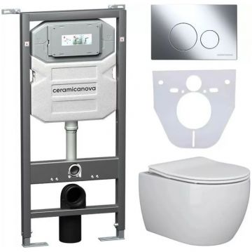 Комплект инсталляции 4 в 1 Ceramicanova (Керамиканова) Подвесной унитаз PLAY Rimless арт. CN3001 + Шумоизоляционная панель для инсталляции арт. CN1000 + Система инсталляции для унитазов CERAMICANOVA Envision с кнопкой смыва Round цвет хром и креплениями,