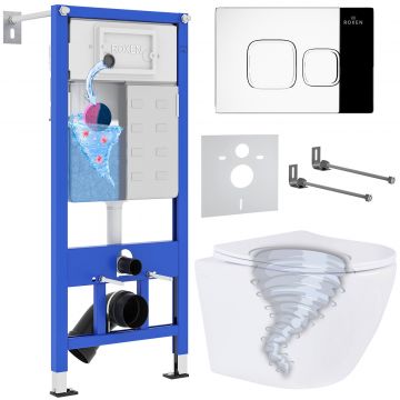 Комплект 6 в 1 RoxenBath (РоксенБаз) StounFix Dual Fresh 968385 система инсталляции для унитазов 710200 + кнопка для инсталляции Santi 410280CH +подвесной унитаз 530205-01