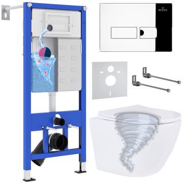 Комплект 6 в 1 RoxenBath (РоксенБаз) StounFix Dual Fresh 968316 система инсталляции для унитазов 710200 + кнопка для инсталляции Caspia 410280CH +подвесной унитаз 530205-01