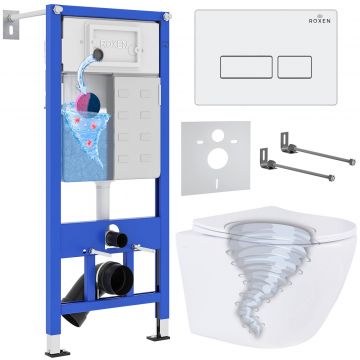 Комплект 6 в 1 RoxenBath (РоксенБаз) StounFix Dual Fresh 968303 система инсталляции для унитазов 710200 + кнопка для инсталляции Caspia 410280W +подвесной унитаз 530205-01