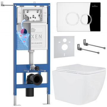 Комплект 6 в 1 RoxenBath (РоксенБаз) StounFix Dual Fresh 513314 система инсталляции для унитазов 710200 + кнопка для инсталляции Santi 410260CH +подвесной унитаз 530135-01