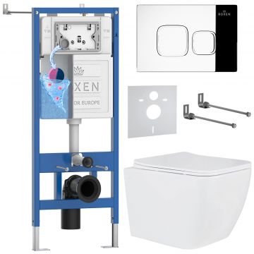 Комплект 6 в 1 RoxenBath (РоксенБаз) StounFix Dual Fresh 550013 система инсталляции для унитазов 710200 + кнопка для инсталляции Santi 410280CH +подвесной унитаз 530135-01