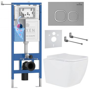 Комплект 6 в 1 RoxenBath (РоксенБаз) StounFix Dual Fresh 566036 система инсталляции для унитазов 710200 + кнопка для инсталляции Santi 410280M +подвесной унитаз 530135-01
