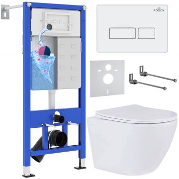 Комплект 6 в 1 RoxenBath (РоксенБаз) StounFix Dual Fresh 569295 система инсталляции для унитазов 710200 + кнопка для инсталляции Caspia 410280W +подвесной унитаз 530185-01