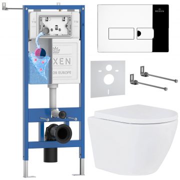 Комплект 6 в 1 RoxenBath (РоксенБаз) StounFix Dual Fresh 585987 система инсталляции для унитазов 710200 + кнопка для инсталляции Caspia 410280CH +подвесной унитаз 530185-02