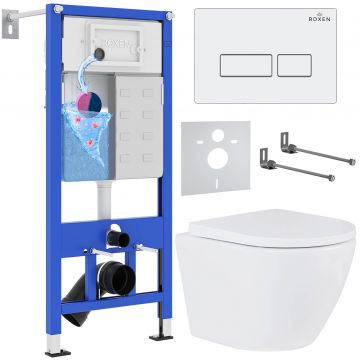 Комплект 6 в 1 RoxenBath (РоксенБаз) StounFix Dual Fresh 570840 система инсталляции для унитазов 710200 + кнопка для инсталляции Caspia 410280W +подвесной унитаз 530185-02