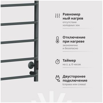 Полотенцесушитель электрический Эврика Сафо FT 80x55 см, подключение справа, слева, графит, лесенка, из стали, с полкой, СафоБРP80х50Пграфит, Ewrika