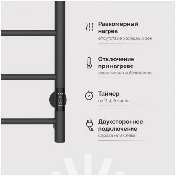 Полотенцесушитель электрический Эврика Сафо PN 80x45 см, подключение справа, слева, графит, лесенка, из стали, СафоPN80х40графитЕ, Ewrika