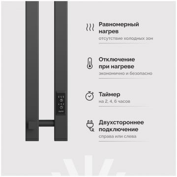 Полотенцесушитель электрический Эврика Пенелопа P2 80x10 см, подключение справа, слева, графит, I-образный, из стали, 750695, Ewrika