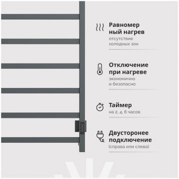 Полотенцесушитель электрический Эврика Пенелопа КВ7 80x55 см, подключение справа, слева, скрытое подключение справа, графит, лесенка, из стали, ПенелопаКВ780х50графитE, Ewrika