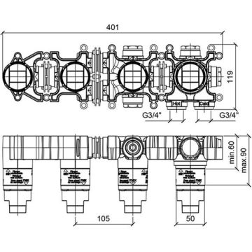 Встраиваемая часть однорычажного смесителя Almar (Алмар) Modular с переключателем на 2 положения, горизонтальный модуль для ванны E169004