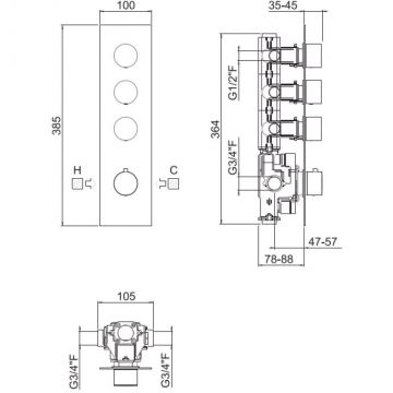 Встраиваемая часть термостатического смесителя Carimali (Каримали) с 3 выходами, цвет: хром W21039CR